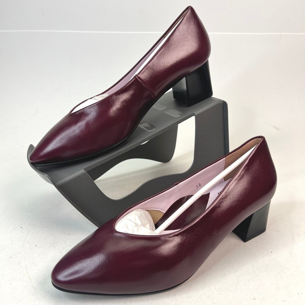 Sole Bliss Ingrid Plum Leather Pointed Toe Block Heel Pumps Size 38 EU / 7 US